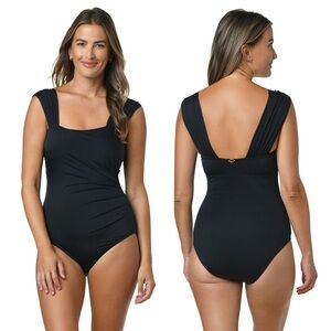 NWT Jantzen Glamour One-Piece Tummy Control Swimsuit Black Size 16 Square Neck